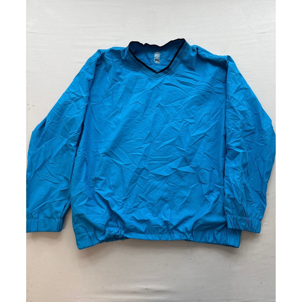 PGA Tour Mens Large Blue V-Neck Golf Windshirt Pullover Windbreaker Long Sleeve